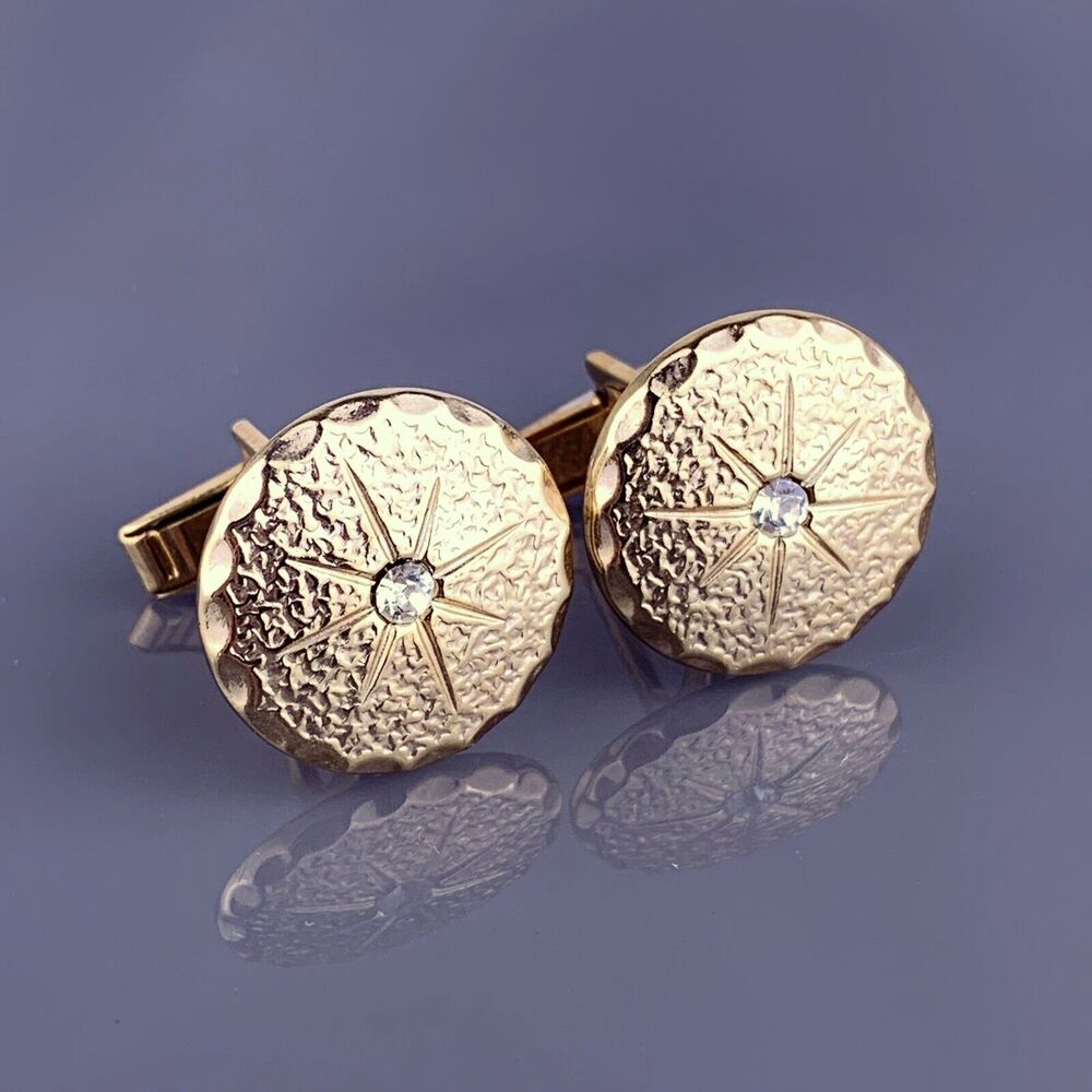 Round White Rhinestone Gold Tone Cufflinks Textured Mid Century Simple Vintage